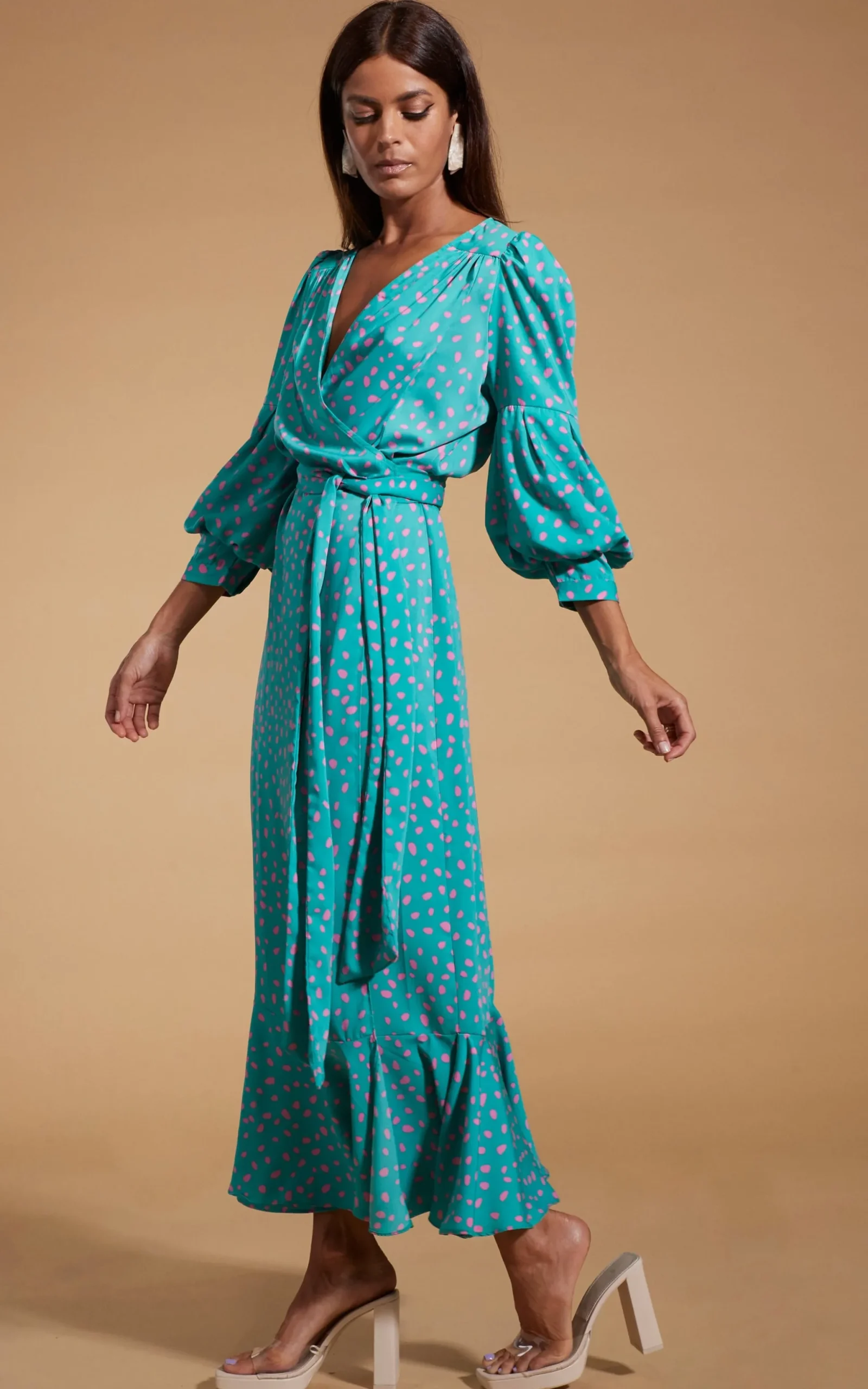 Havannah Maxi Wrap Dress In Abstract Pink On Sea Green