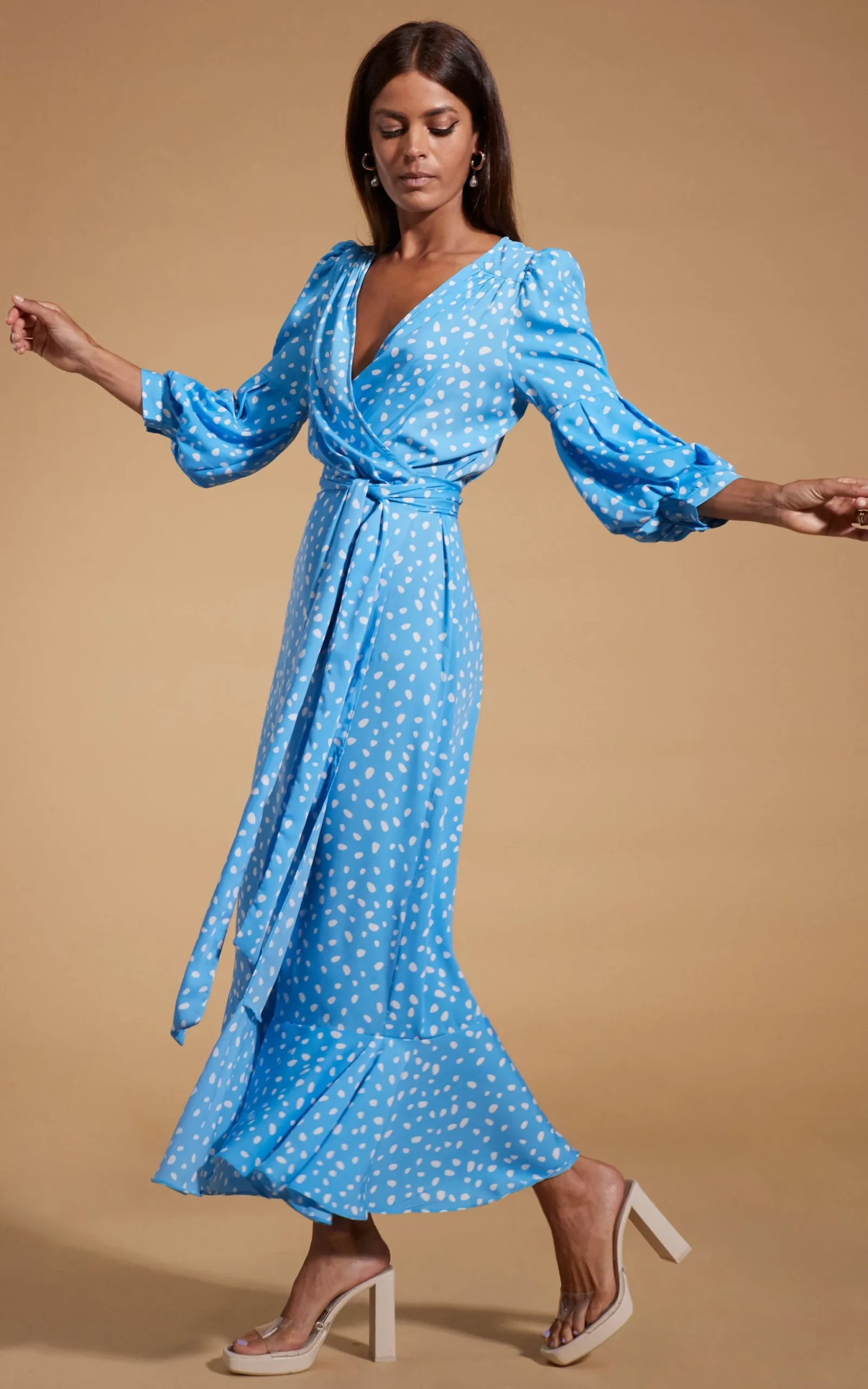 Havannah Maxi Wrap Dress In Abstract White On Blue