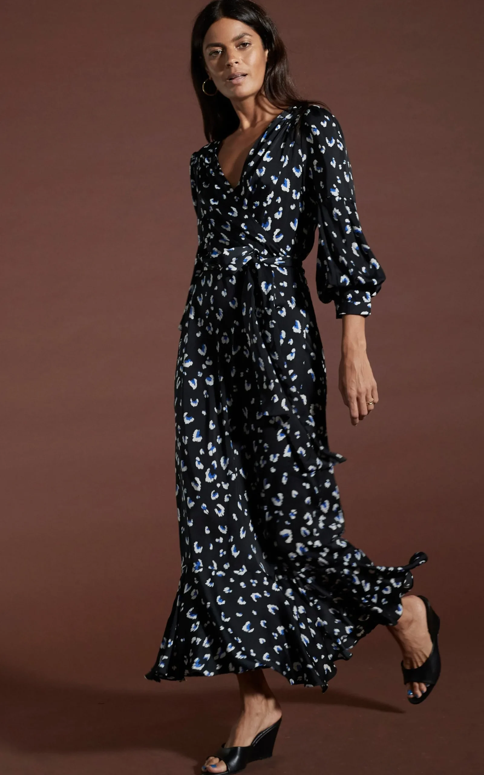 Havannah Maxi Wrap Dress In Abstract White On Black Leopard