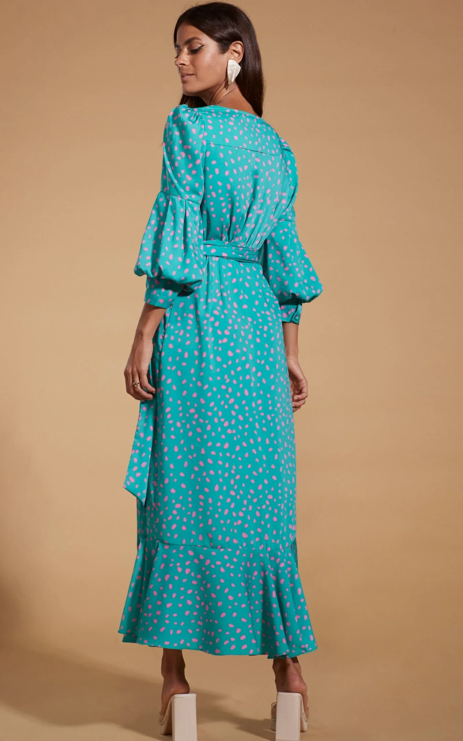 Havannah Maxi Wrap Dress In Abstract Pink On Sea Green