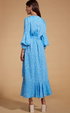 Havannah Maxi Wrap Dress In Abstract White On Blue