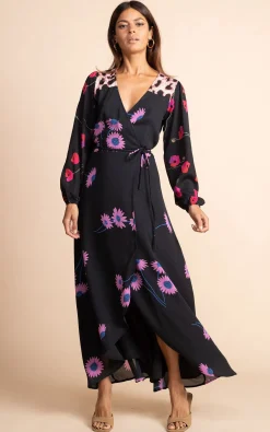 Jagger Maxi Wrap Dress In Pink Daisy On Black Mix