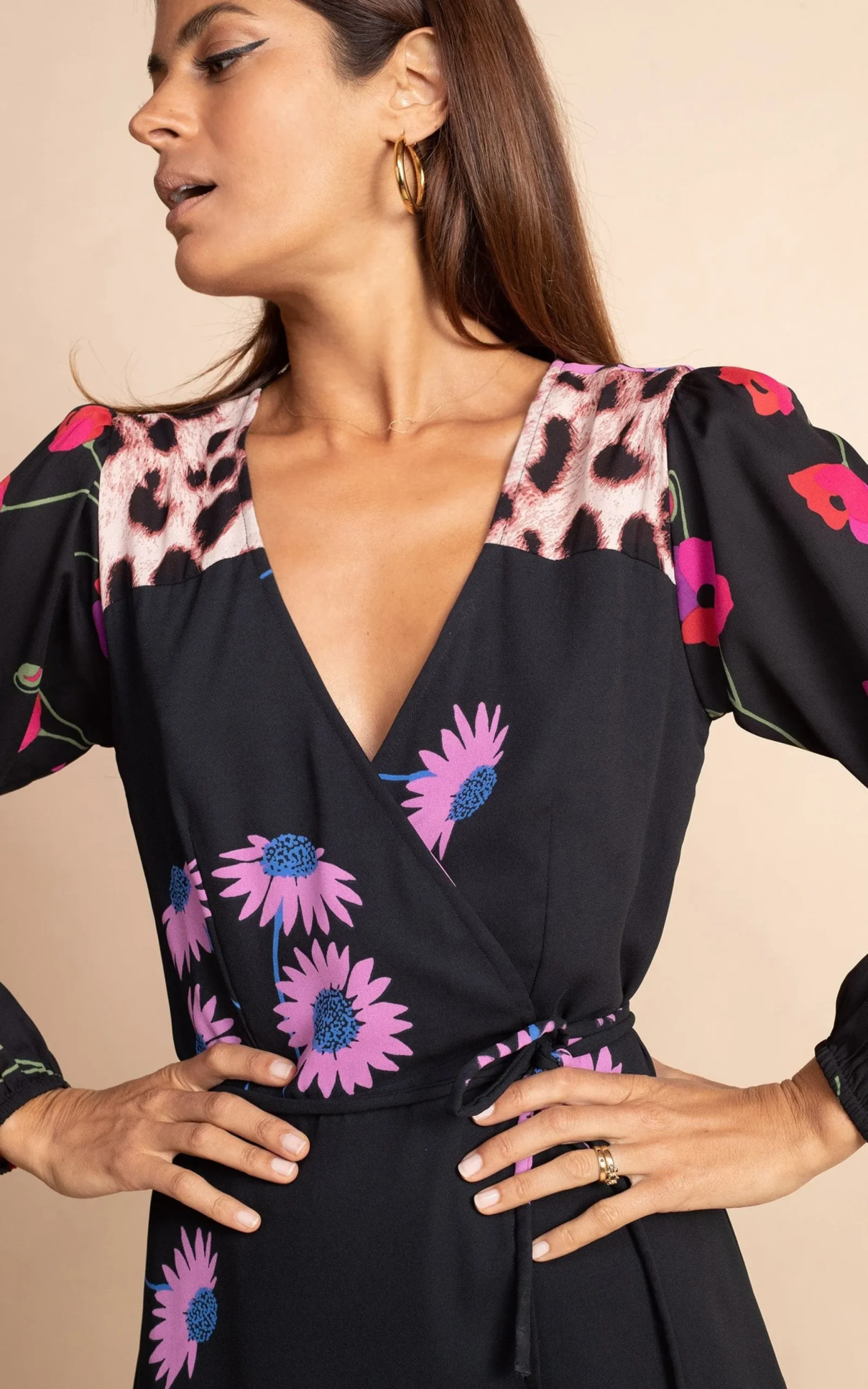 Jagger Maxi Wrap Dress In Pink Daisy On Black Mix