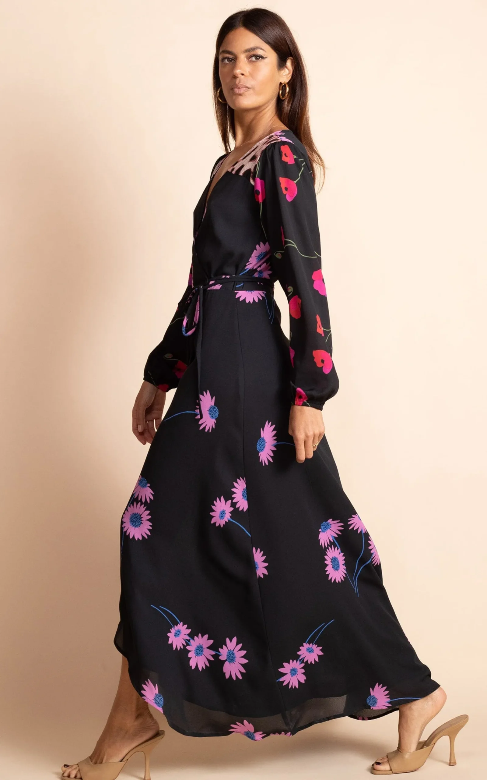 Jagger Maxi Wrap Dress In Pink Daisy On Black Mix
