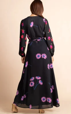 Jagger Maxi Wrap Dress In Pink Daisy On Black Mix