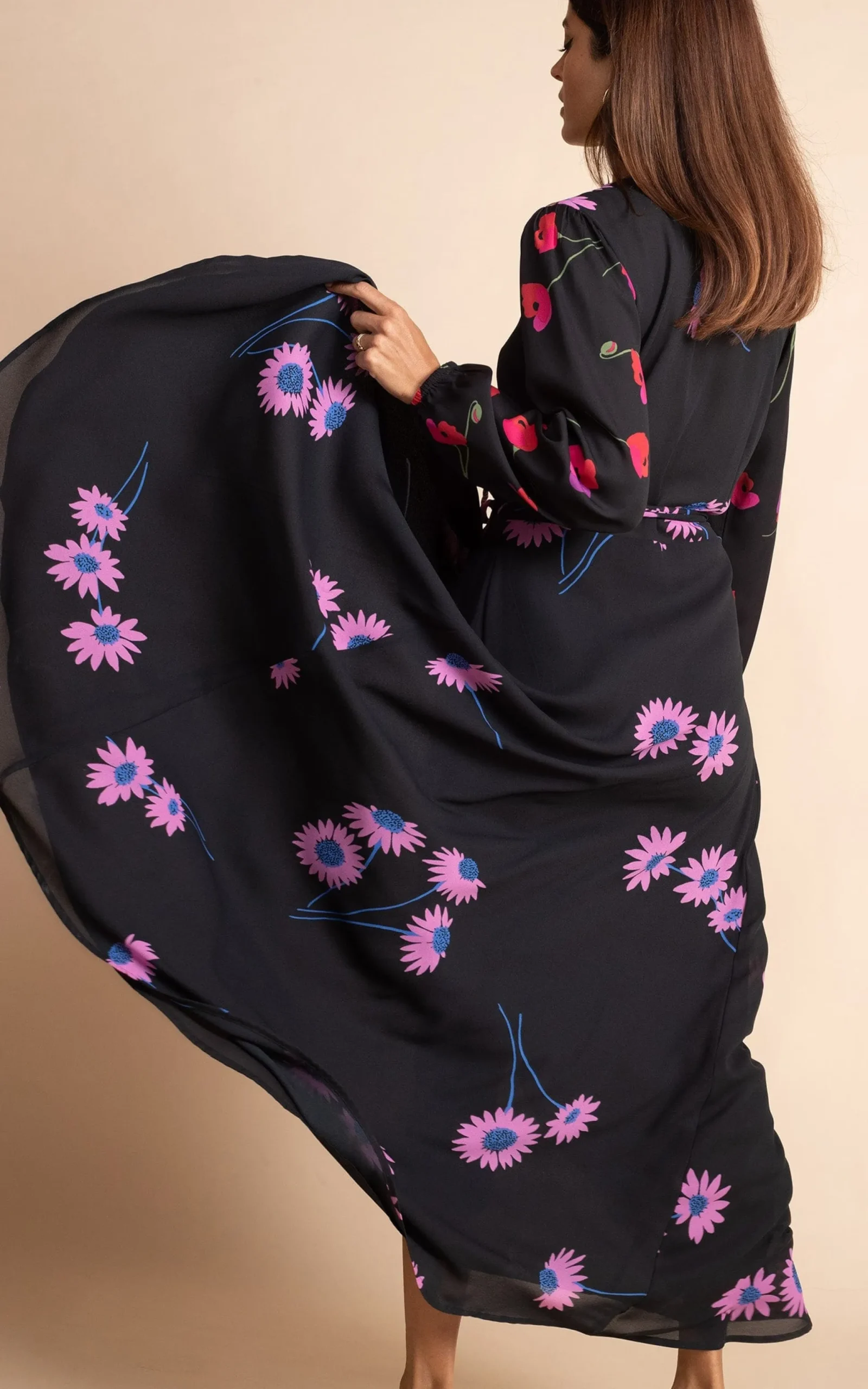 Jagger Maxi Wrap Dress In Pink Daisy On Black Mix
