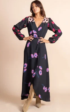 Jagger Maxi Wrap Dress In Pink Daisy On Black Mix