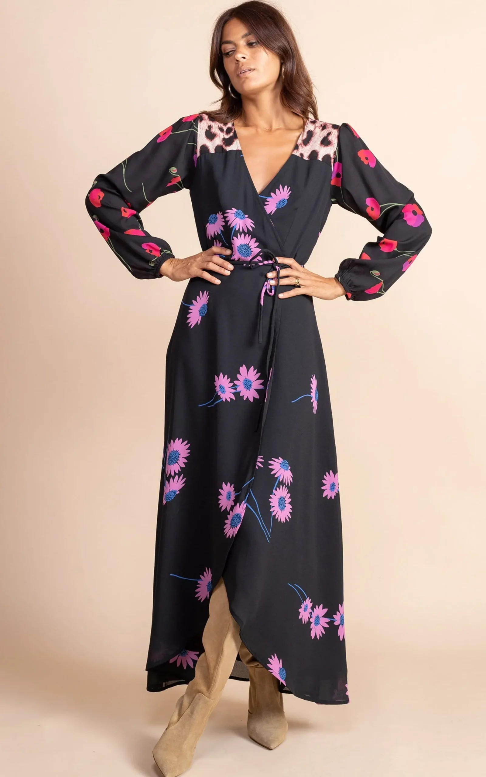Jagger Maxi Wrap Dress In Pink Daisy On Black Mix