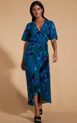 Jenna Maxi Dress In Abstract Camo Blue On Green