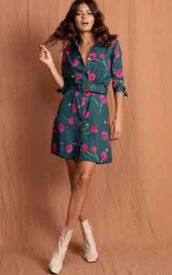 Jonah Mini Shirt Dress In Poppies On Dark Green