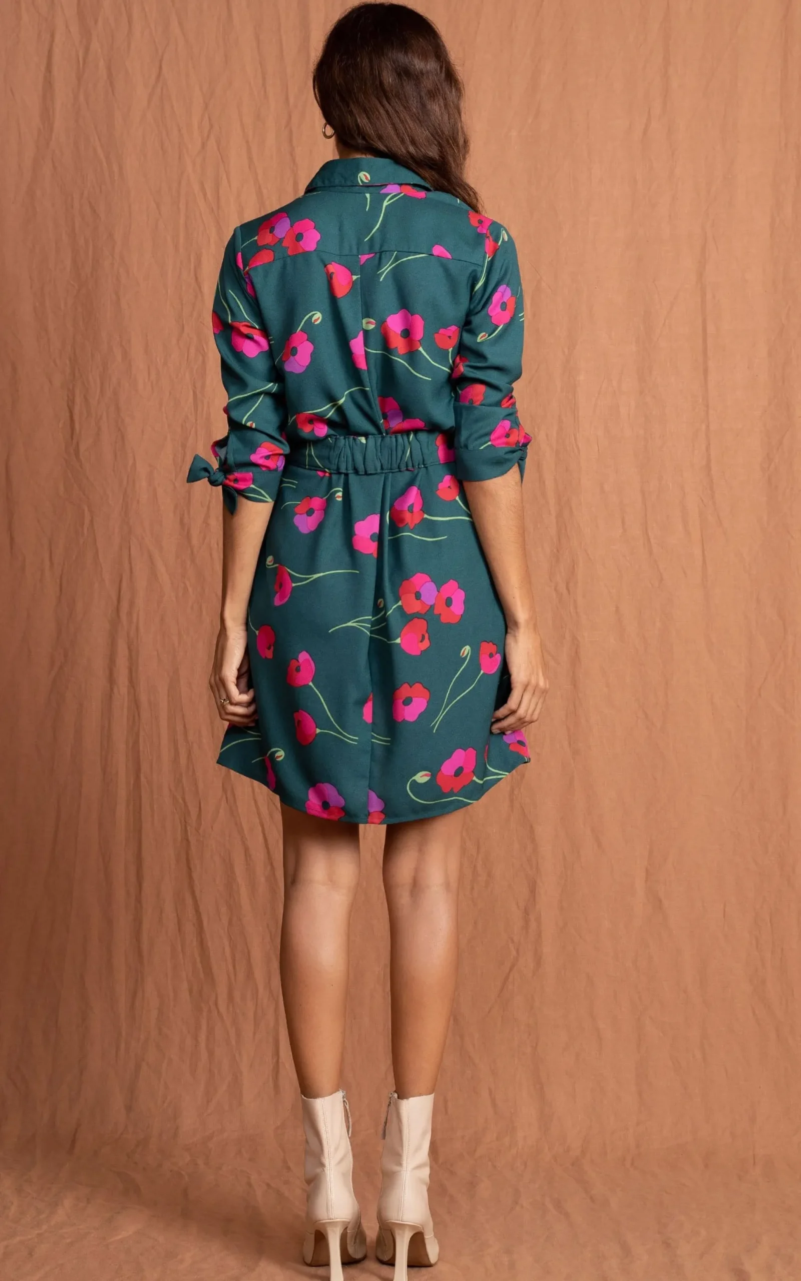 Jonah Mini Shirt Dress In Poppies On Dark Green