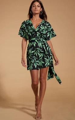 Kansas Mini Wrap Dress In Tropic Green On Black