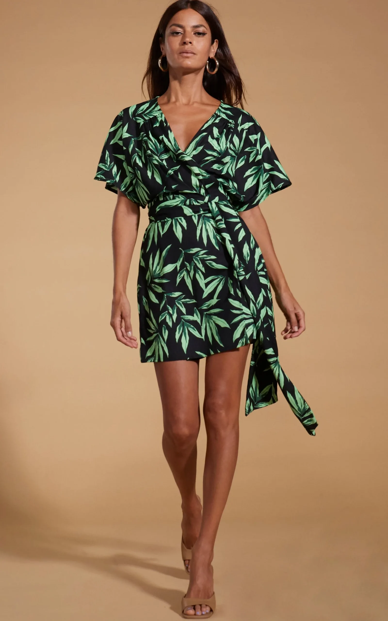 Kansas Mini Wrap Dress In Tropic Green On Black