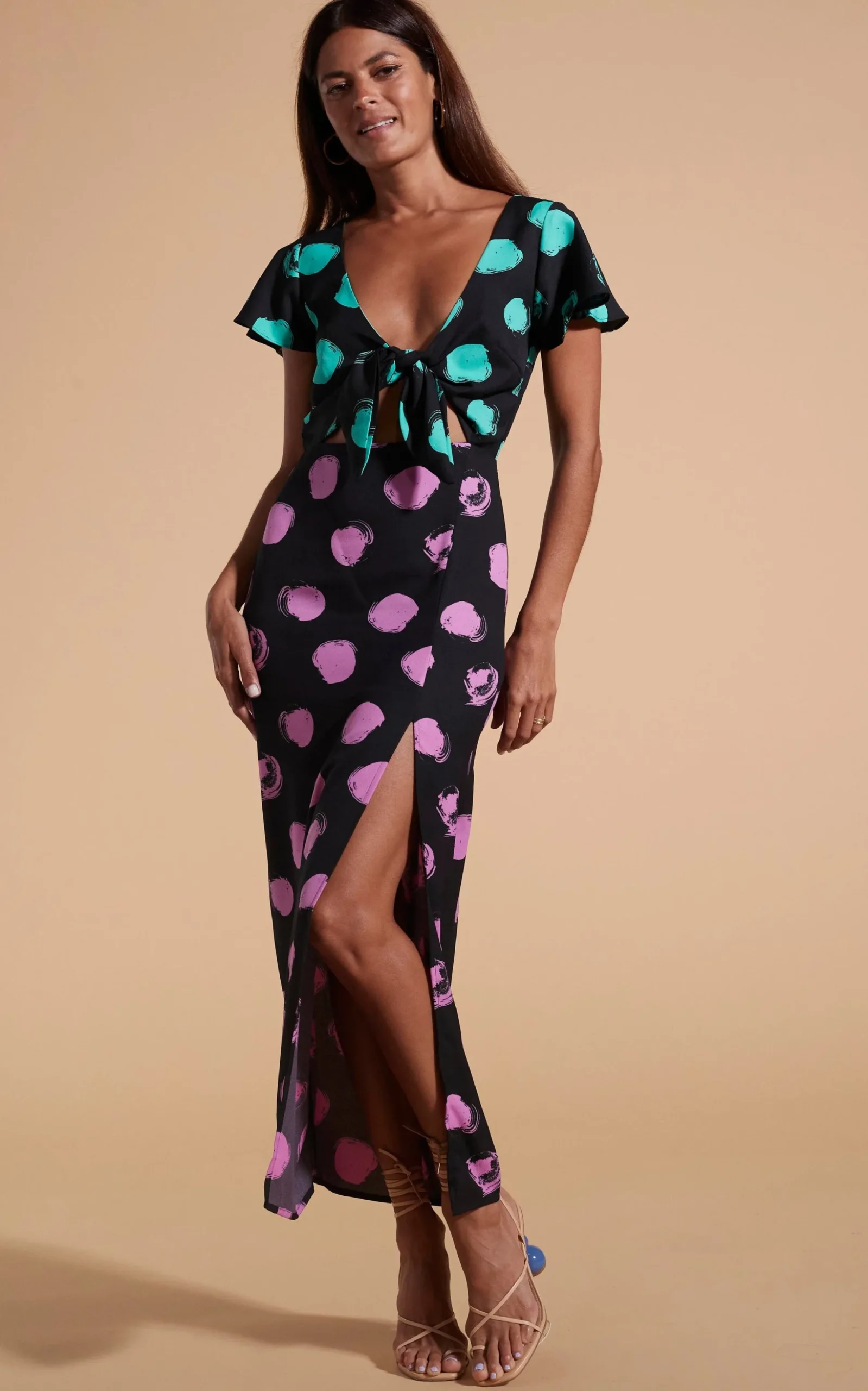 Lily Dress In Green On Black Dot & Pink On Black Dot