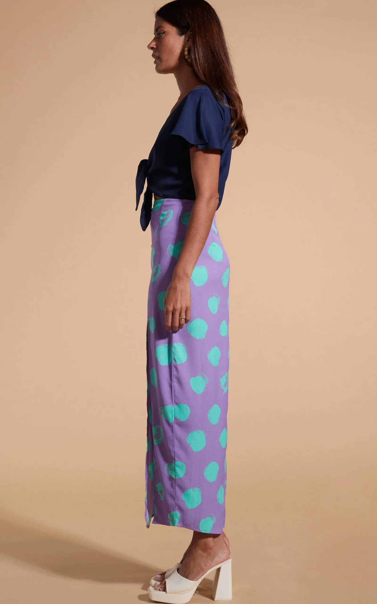 Lily Dress In Navy & Green On Purple Dot
