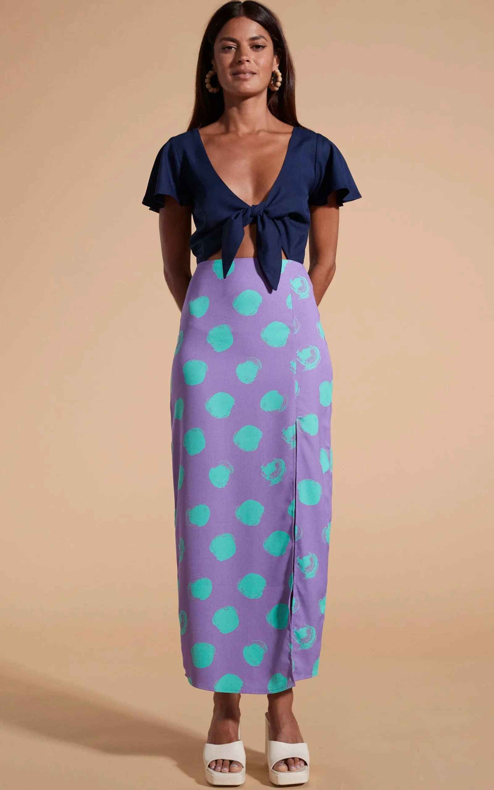Lily Dress In Navy & Green On Purple Dot