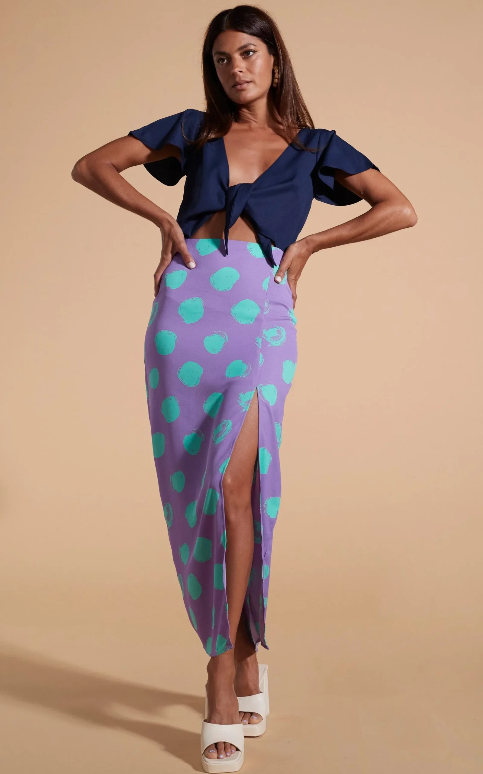 Lily Dress In Navy & Green On Purple Dot