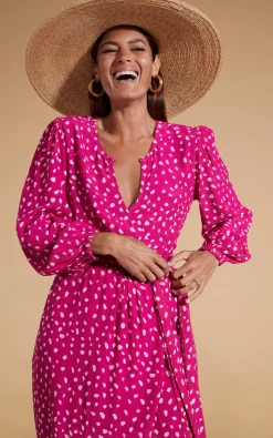 Mabel Midaxi Mock Wrap Dress In Odd Dot Pink On Magenta