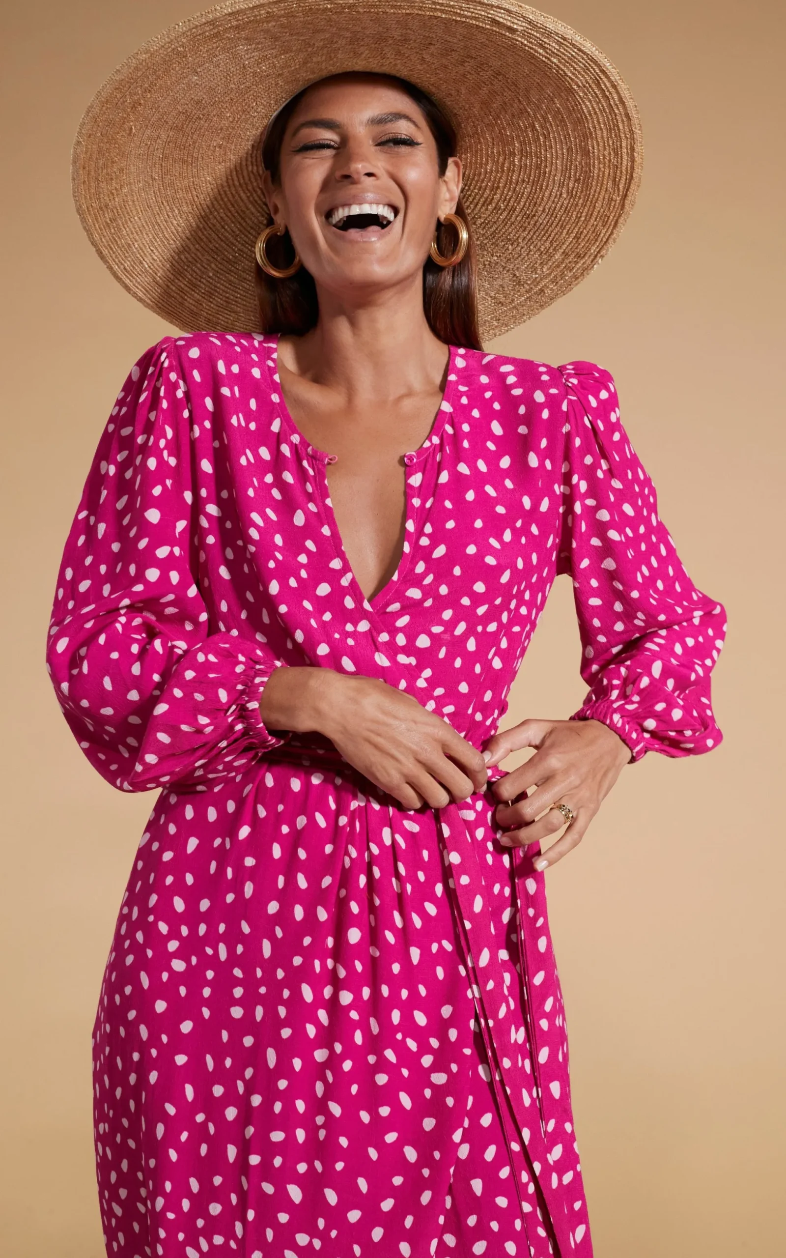 Mabel Midaxi Mock Wrap Dress In Odd Dot Pink On Magenta