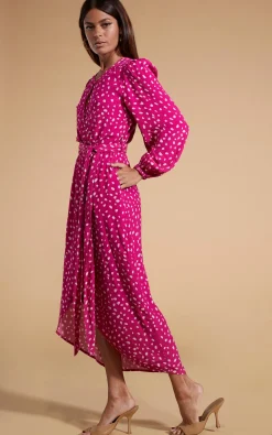 Mabel Midaxi Mock Wrap Dress In Odd Dot Pink On Magenta