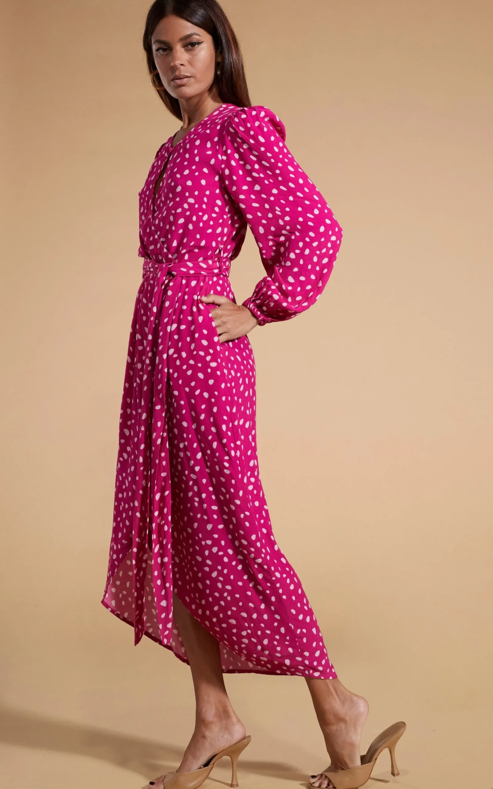 Mabel Midaxi Mock Wrap Dress In Odd Dot Pink On Magenta