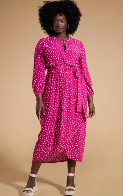 Mabel Midaxi Mock Wrap Dress In Odd Dot Pink On Magenta