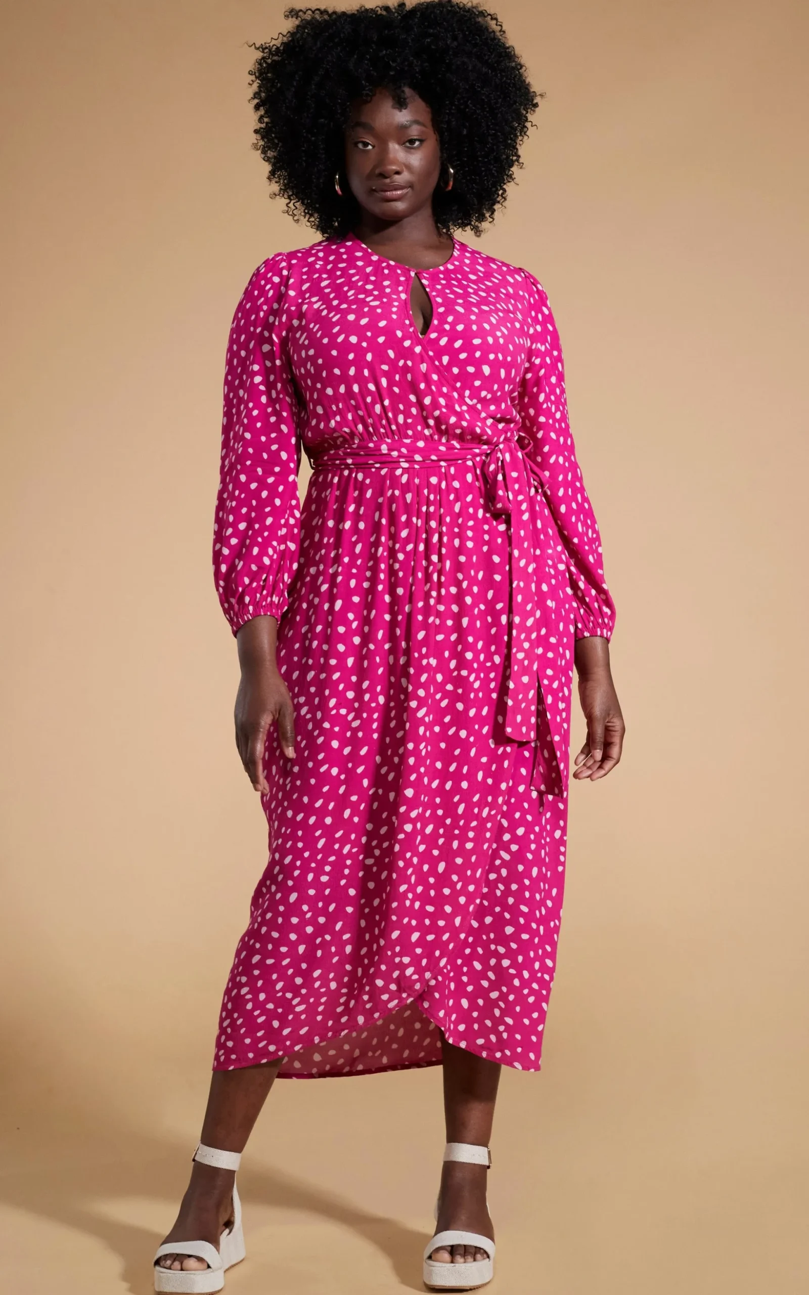 Mabel Midaxi Mock Wrap Dress In Odd Dot Pink On Magenta