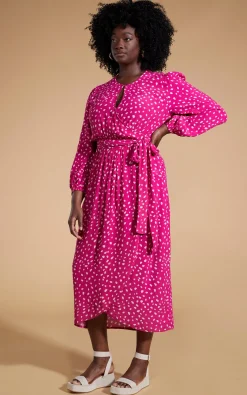 Mabel Midaxi Mock Wrap Dress In Odd Dot Pink On Magenta