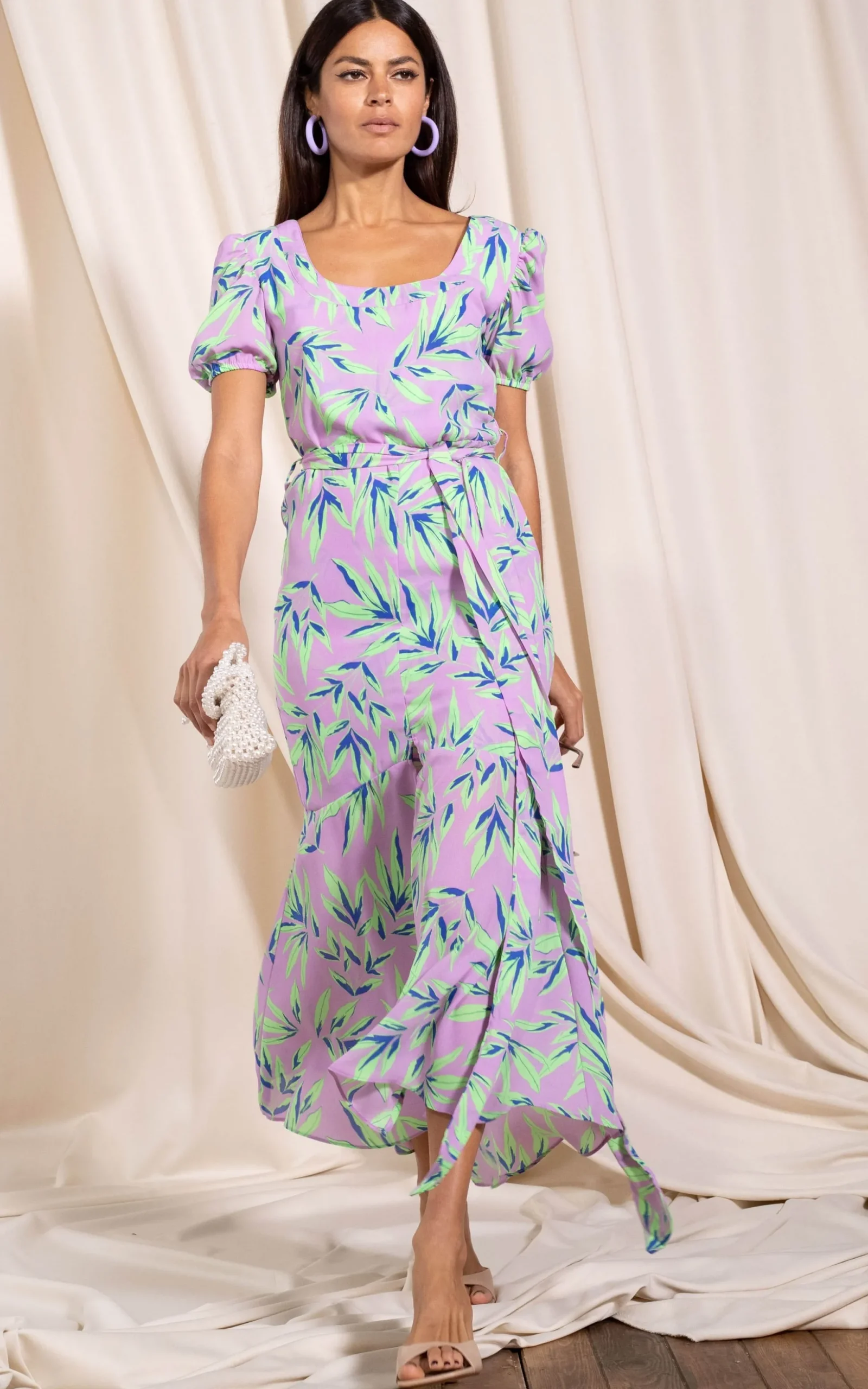 Manuela Frill Hem Dress In Tropic Mint On Pink