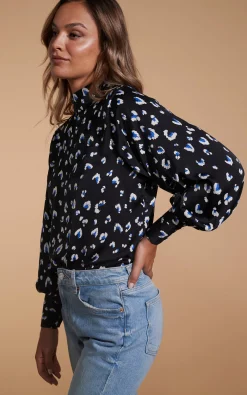 Margo Pintuck Blouse In Abstract White On Black Leopard