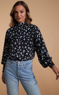 Margo Pintuck Blouse In Abstract White On Black Leopard