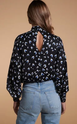 Margo Pintuck Blouse In Abstract White On Black Leopard