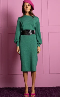 Memphis Metallic Knit Midi Dress In Green