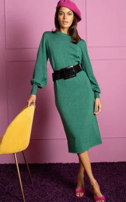 Memphis Metallic Knit Midi Dress In Green
