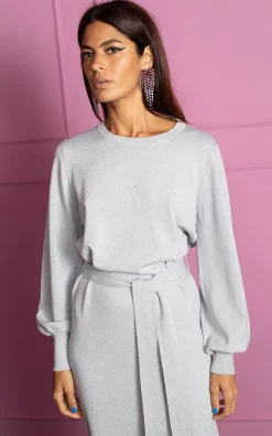 Memphis Metallic Knit Midi Dress In Silver