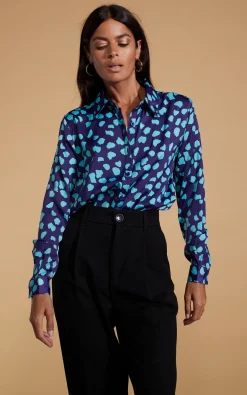 Nevada Satin Shirt In Ice Blue On Navy Cloud