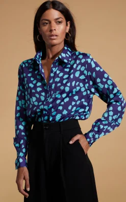 Nevada Satin Shirt In Ice Blue On Navy Cloud