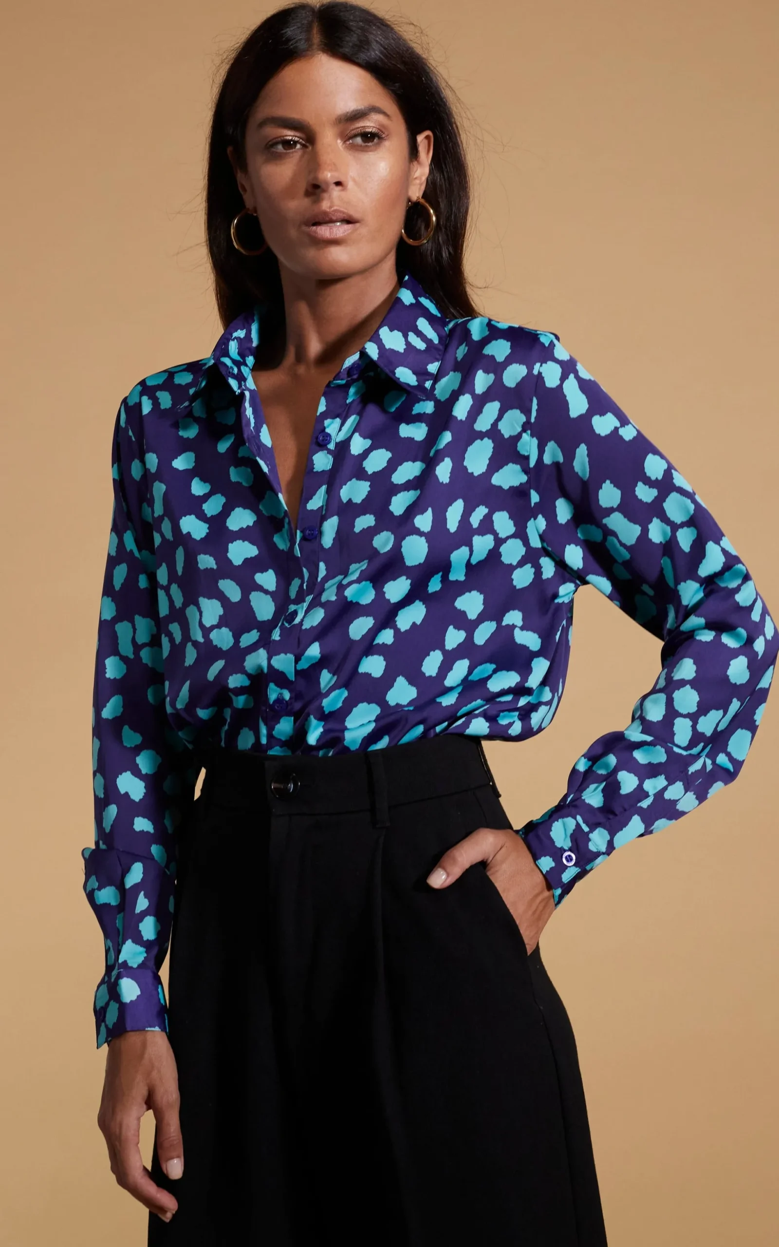 Nevada Satin Shirt In Ice Blue On Navy Cloud
