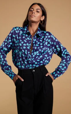 Nevada Satin Shirt In Ice Blue On Navy Cloud