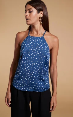 Nina Halter Cami Top In Abstract White On Navy