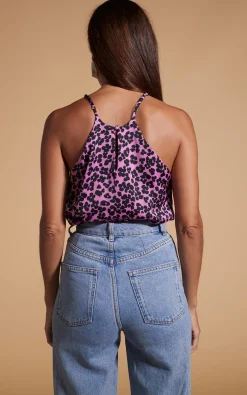 Nina Halter Cami Top In Black On Pink Leopard
