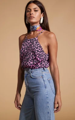 Nina Halter Cami Top In Black On Pink Leopard