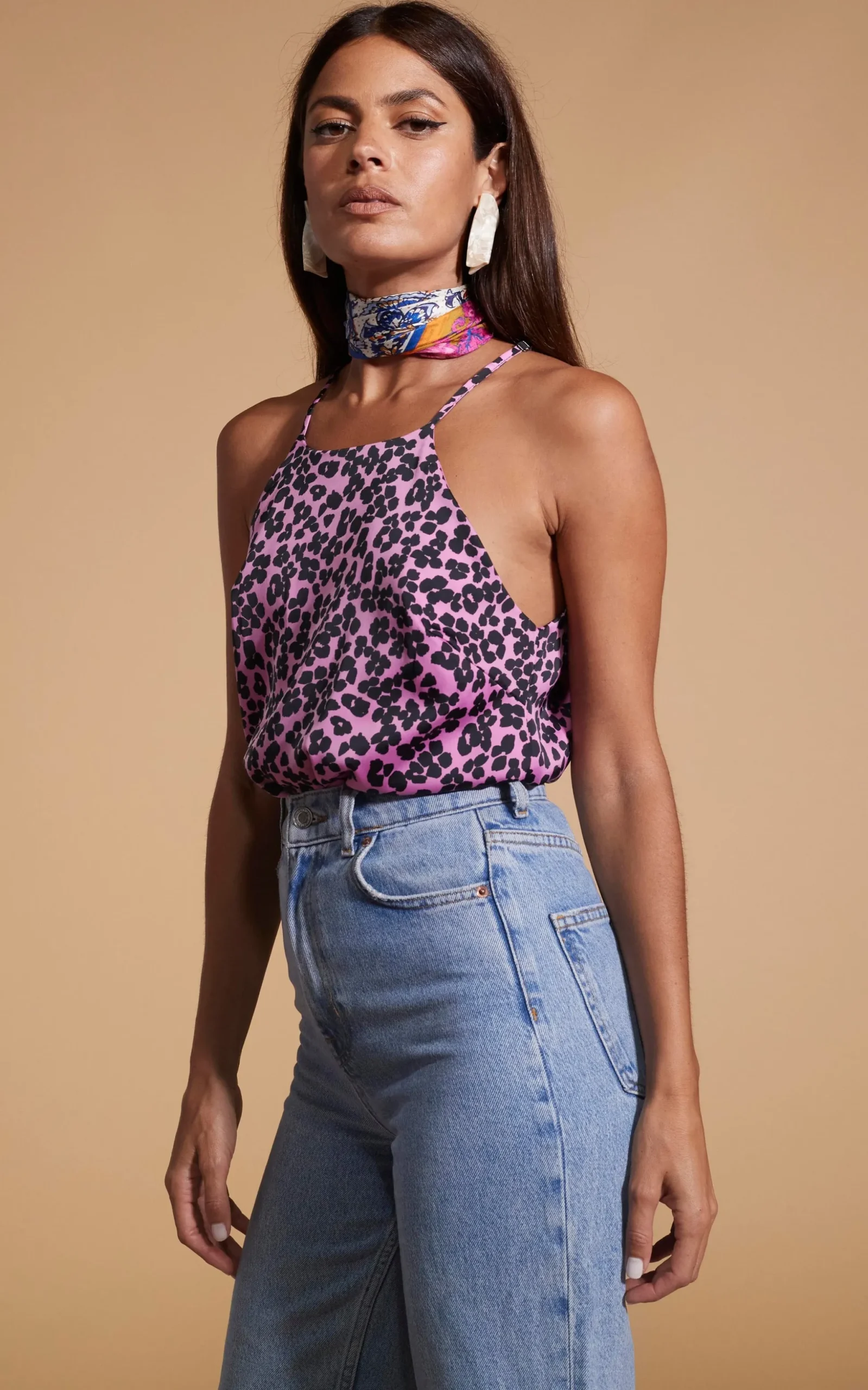 Nina Halter Cami Top In Black On Pink Leopard