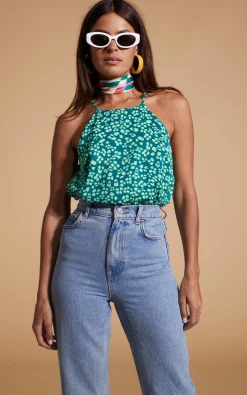 Nina Halter Cami Top In Green On Green Leopard