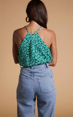 Nina Halter Cami Top In Green On Green Leopard
