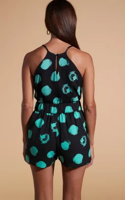 Nina Halter Cami Top In Large Dot Green On Black