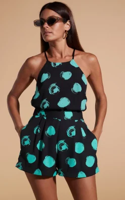 Nina Halter Cami Top In Large Dot Green On Black