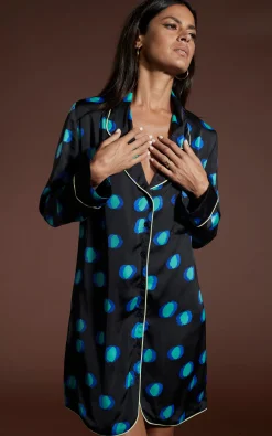 Nyx Satin Nightshirt In Polka Dot Blue On Black