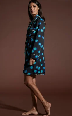 Nyx Satin Nightshirt In Polka Dot Blue On Black