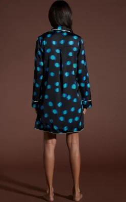 Nyx Satin Nightshirt In Polka Dot Blue On Black